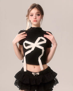 Less also eye contrast doll bow american sweet and spicy small high neck short sleeve t-shirt spring summer knitted crop top women's TLA00045