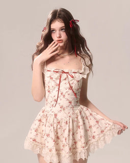 Less eyes rich rose floral French lace dress women's puffy skirt summer beautiful temperament sundress