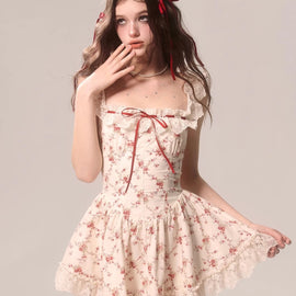 Less eyes rich rose floral French lace dress women's puffy skirt summer beautiful temperament sundress