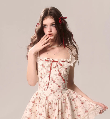 Less eyes rich rose floral French lace dress women's puffy skirt summer beautiful temperament sundress