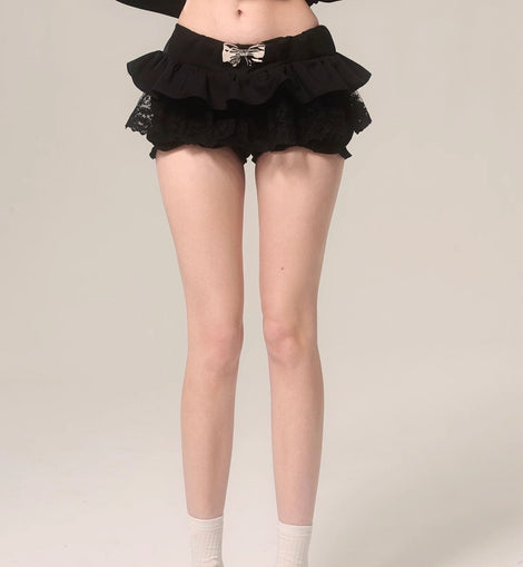 Less also eyes private romance black luxury short skirt bow lace design sense skirt women's shorts