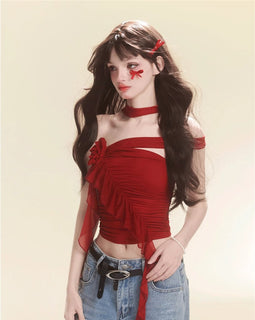 Less also eyes crimson waist Ji red short-sleeved women's T-shirt summer waistless and beautiful design sense of the hot girl top