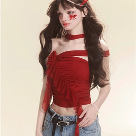 Less also eyes crimson waist Ji red short-sleeved women's T-shirt summer waistless and beautiful design sense of the hot girl top