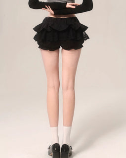 Less also eyes private romance black luxury short skirt bow lace design sense skirt women's shorts