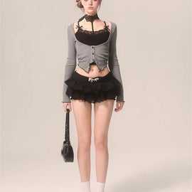 Less also eye romantic French gray lace sweet and spicy halterneck long sleeve T-shirt slim stretch knit top fake two