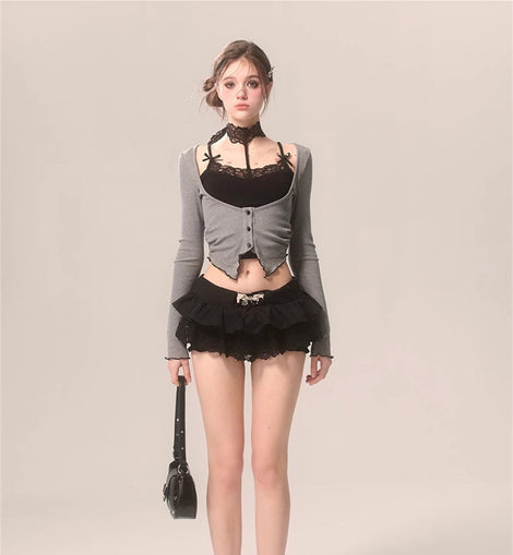 Less also eye romantic French gray lace sweet and spicy halterneck long sleeve T-shirt slim stretch knit top fake two