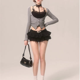 Less also eye romantic French gray lace sweet and spicy halterneck long sleeve T-shirt slim stretch knit top fake two